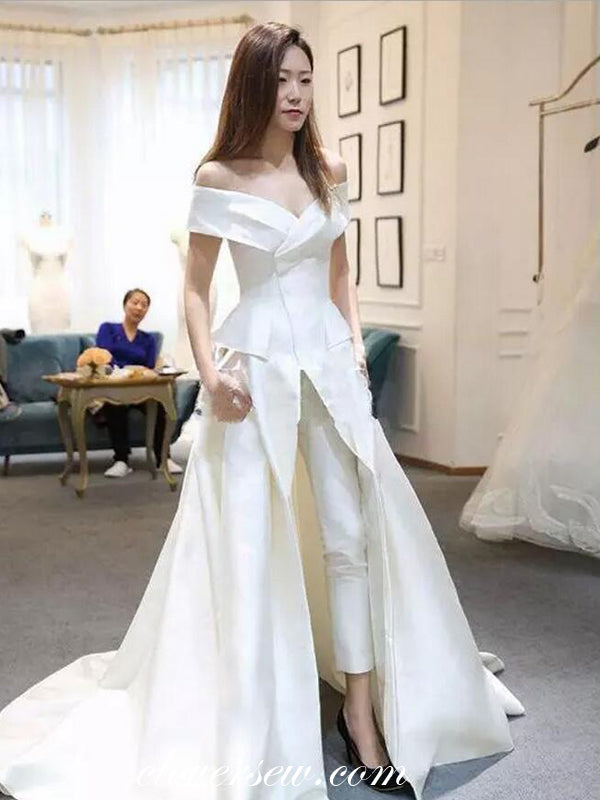 off the shoulder two piece wedding dress A-line Straps Two Piece Off The Shoulder Lace Wedding Dress TBW69