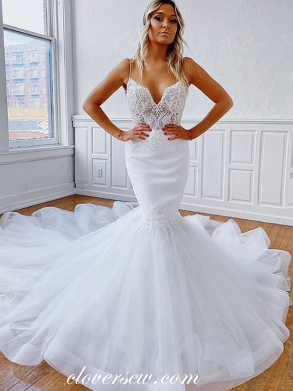 Off White Lace Tulle Mermaid Spaghetti Strap Elegant Wedding Dresses,C clover sew Off White Lace Tulle Mermaid Spaghetti Strap Elegant Wedding Dresses,C clover sew