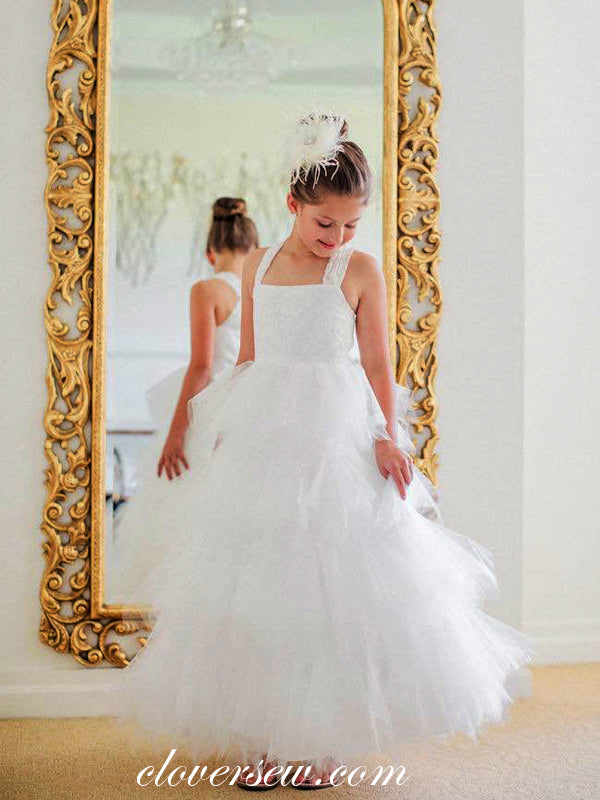 Off White Tulle Square Neck Tiered A-line Flower Girl Dresses, CF0004 clover sew Off White Tulle Square Neck Tiered A-line Flower Girl Dresses, CF0004 clover sew