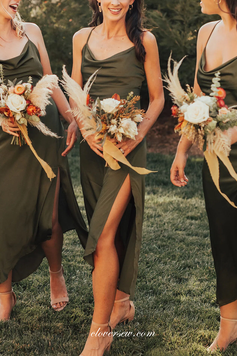 Olive Green Shiny Elastic Satin High Low Slit Bridesmaid Dresses, CB0249