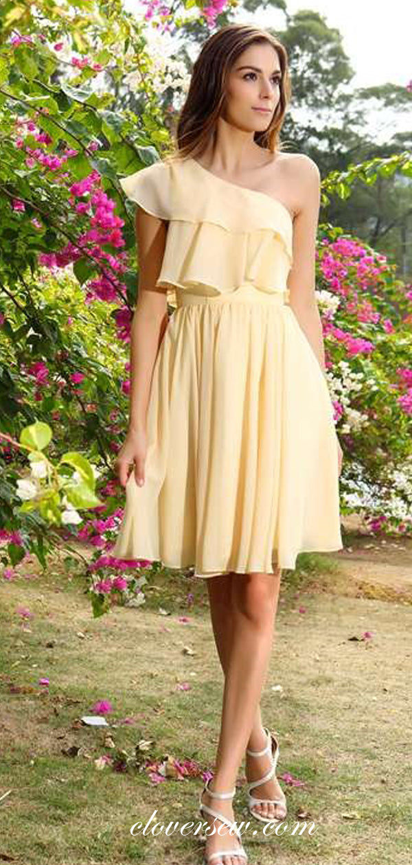 One Shoulder Yellow Chiffon A-line Short Bridesmaid Dresses,CB0172
