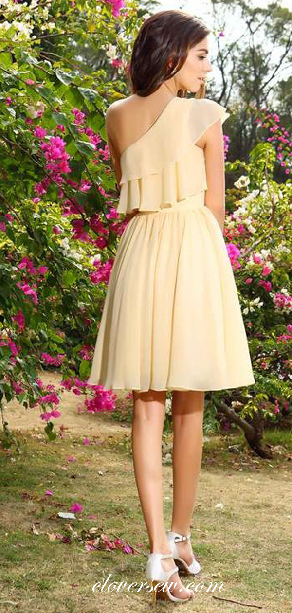 One Shoulder Yellow Chiffon A-line Short Bridesmaid Dresses,CB0172