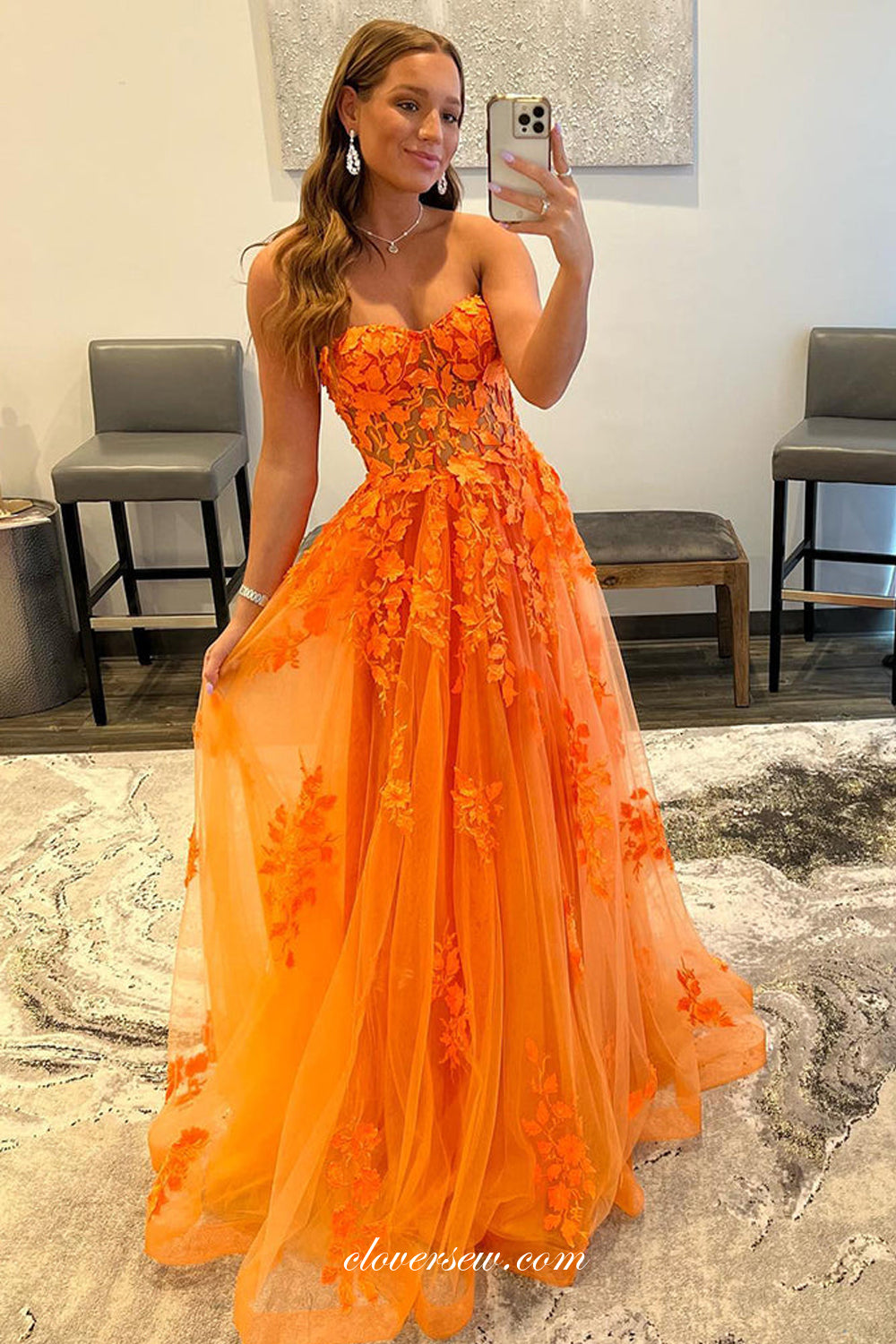 Orange Applique Tulle Strapless A-line Prom Dresses, CP0837
