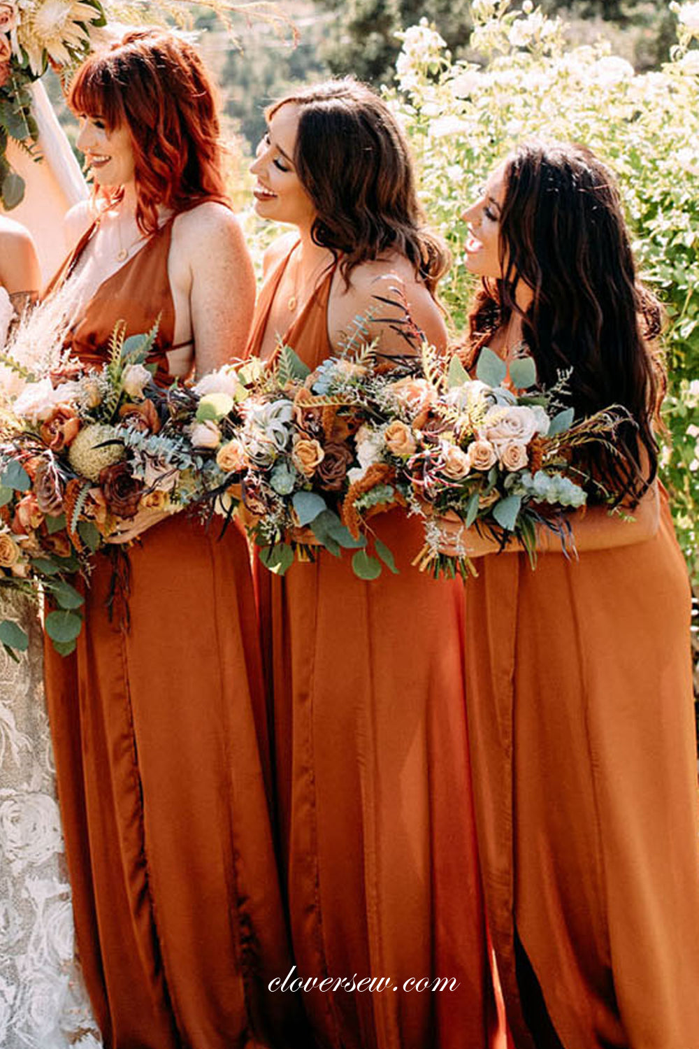 Orange Elastic Satin V-neck Column Backless Bridesmaid Dresses, CB0232