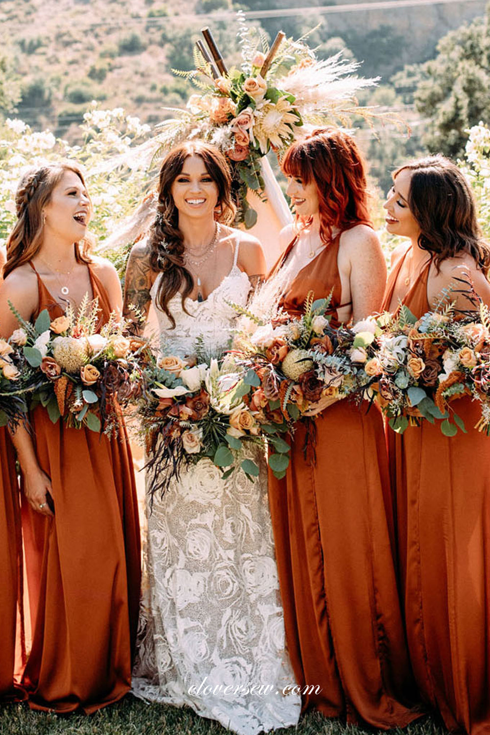Orange Elastic Satin V-neck Column Backless Bridesmaid Dresses, CB0232