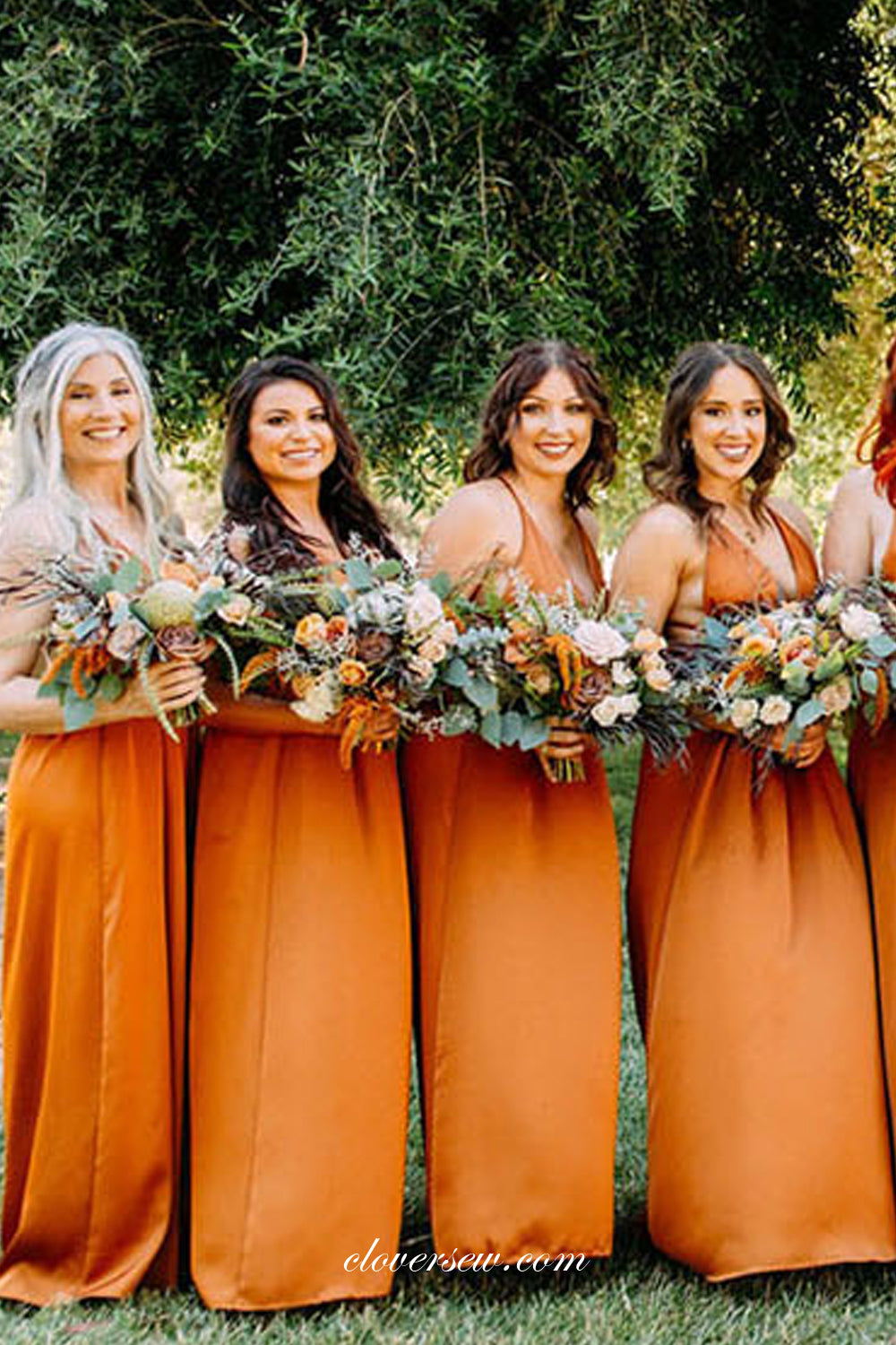 Orange Elastic Satin V-neck Column Backless Bridesmaid Dresses, CB0232