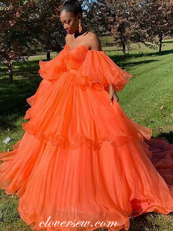 Orange Organza Puffy Sleeves Sweetheart Off The Shoulder Prom Dresses, clover sew Orange Organza Puffy Sleeves Sweetheart Off The Shoulder Prom Dresses, clover sew