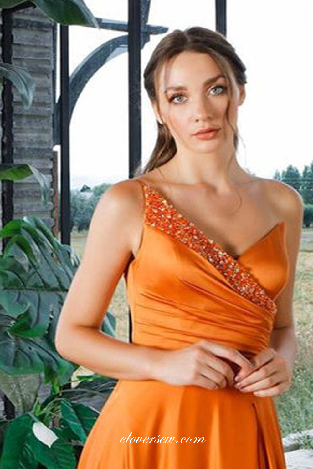 Orange Satin One Shoulder V-neck A-line With Slit Prom Dresses, CP0991
