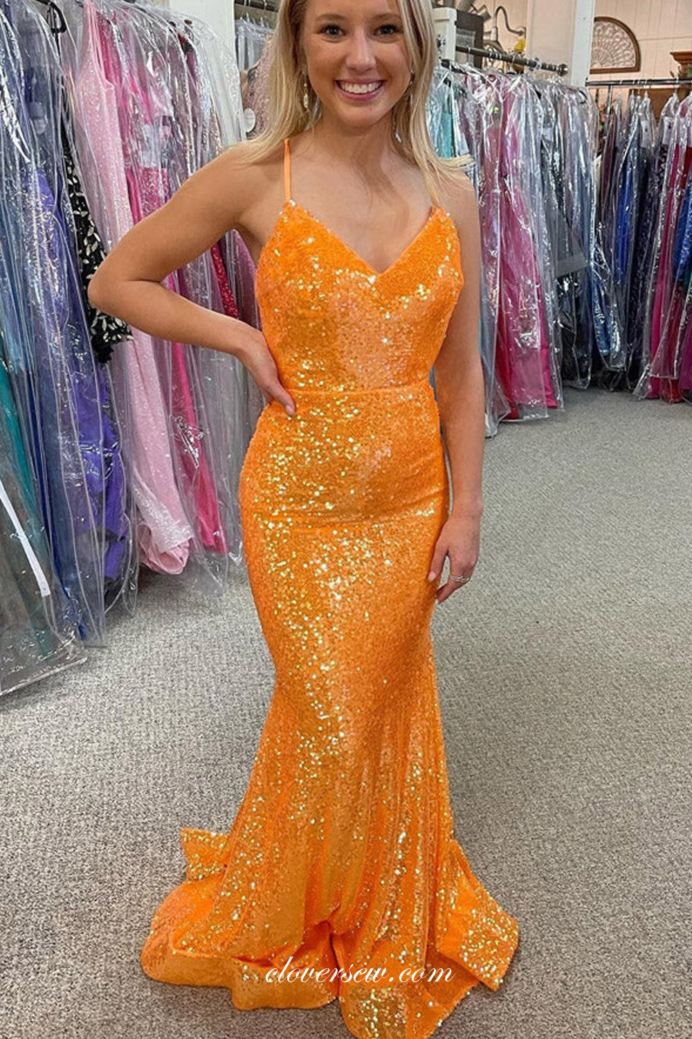 Orange Sequin Spaghetti Strap Lace Up Back Mermaid Prom Dresses, CP0894