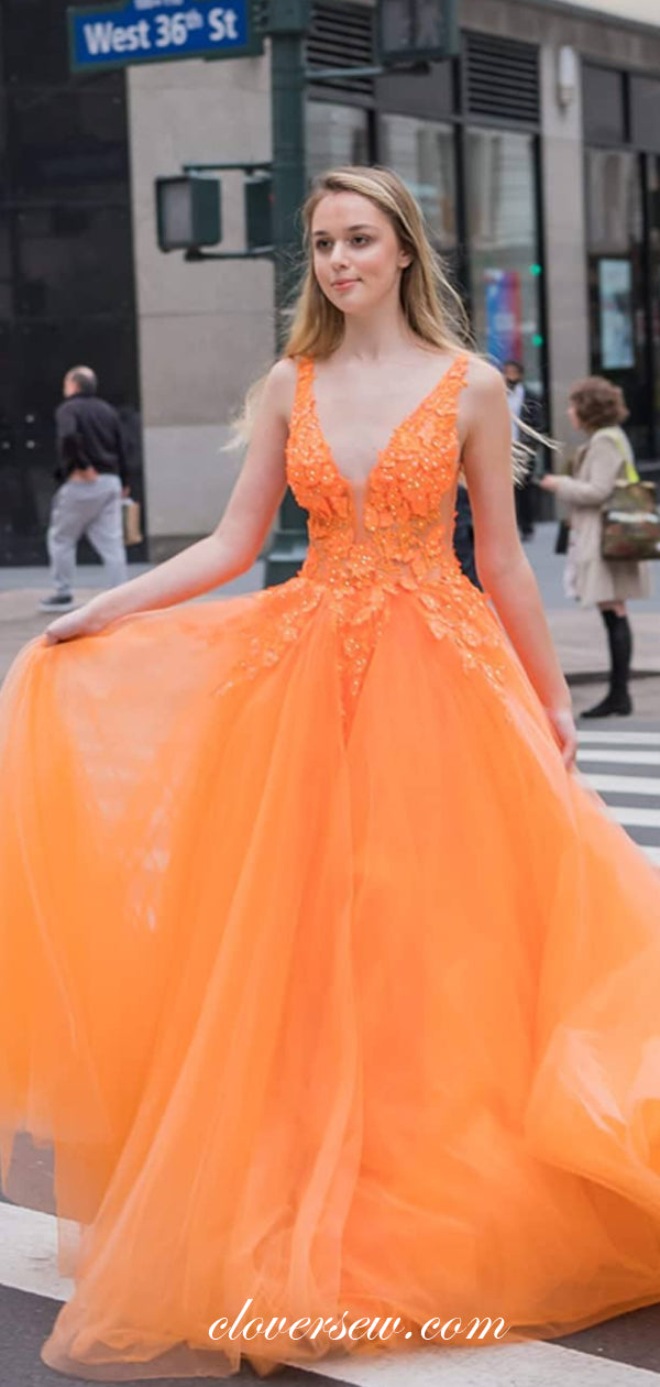 Orange Tulle Applique Sleeveless V-neck A-line Prom Dresses, CP0529