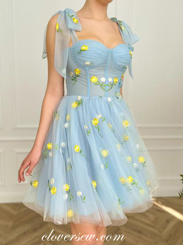 embroidery party dress Basgute Tulle Tea Length Prom Dresses for Women Corset Elegant Blue Flower Embroidery A Line Sweetheart Formal Evening Party Gowns for Teens US0 at Amazon Women's Clothing store