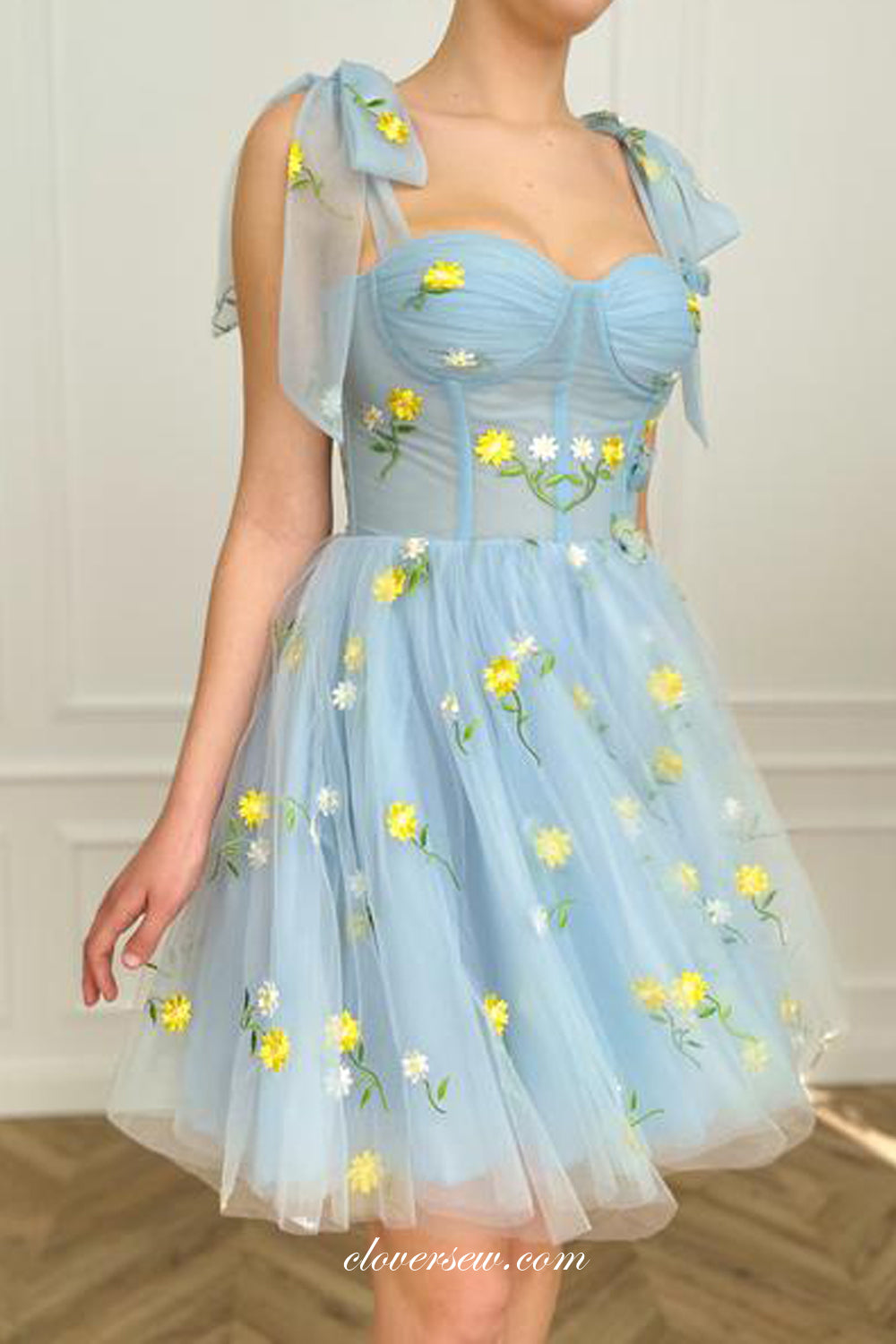 Pale Blue Embroidery Tulle Sweet Popular Short Party Dresses, CH0039