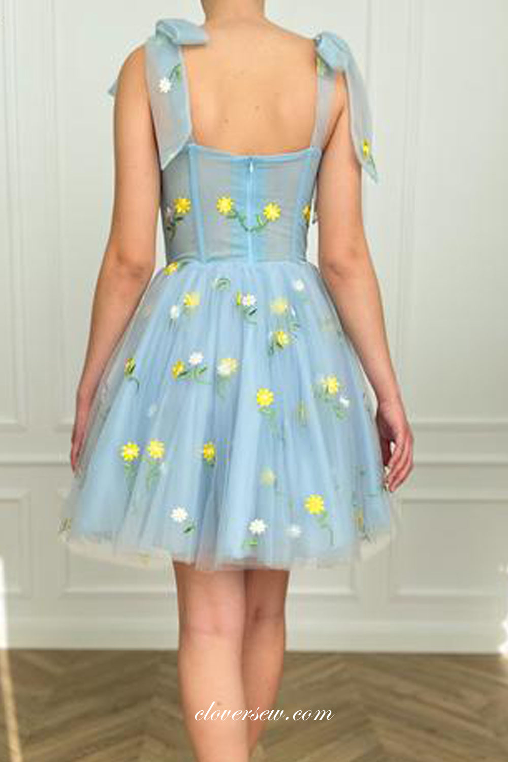 Pale Blue Embroidery Tulle Sweet Popular Short Party Dresses, CH0039