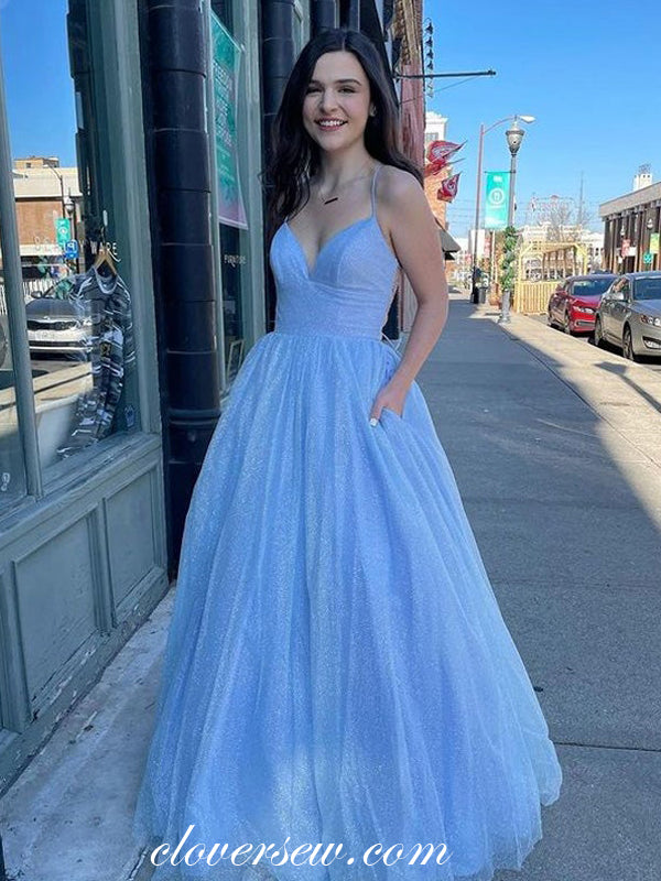 Pale Blue Glitter Tulle Spaghetti Strap A-line Prom Dresses For Teens, clover sew Pale Blue Glitter Tulle Spaghetti Strap A-line Prom Dresses For Teens, clover sew