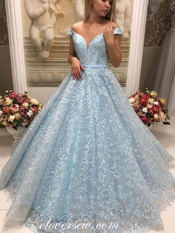 Pale Blue Lace Off The Shoulder A-line Prom Dresses For Teens, CP0748 clover sew Pale Blue Lace Off The Shoulder A-line Prom Dresses For Teens, CP0748 clover sew