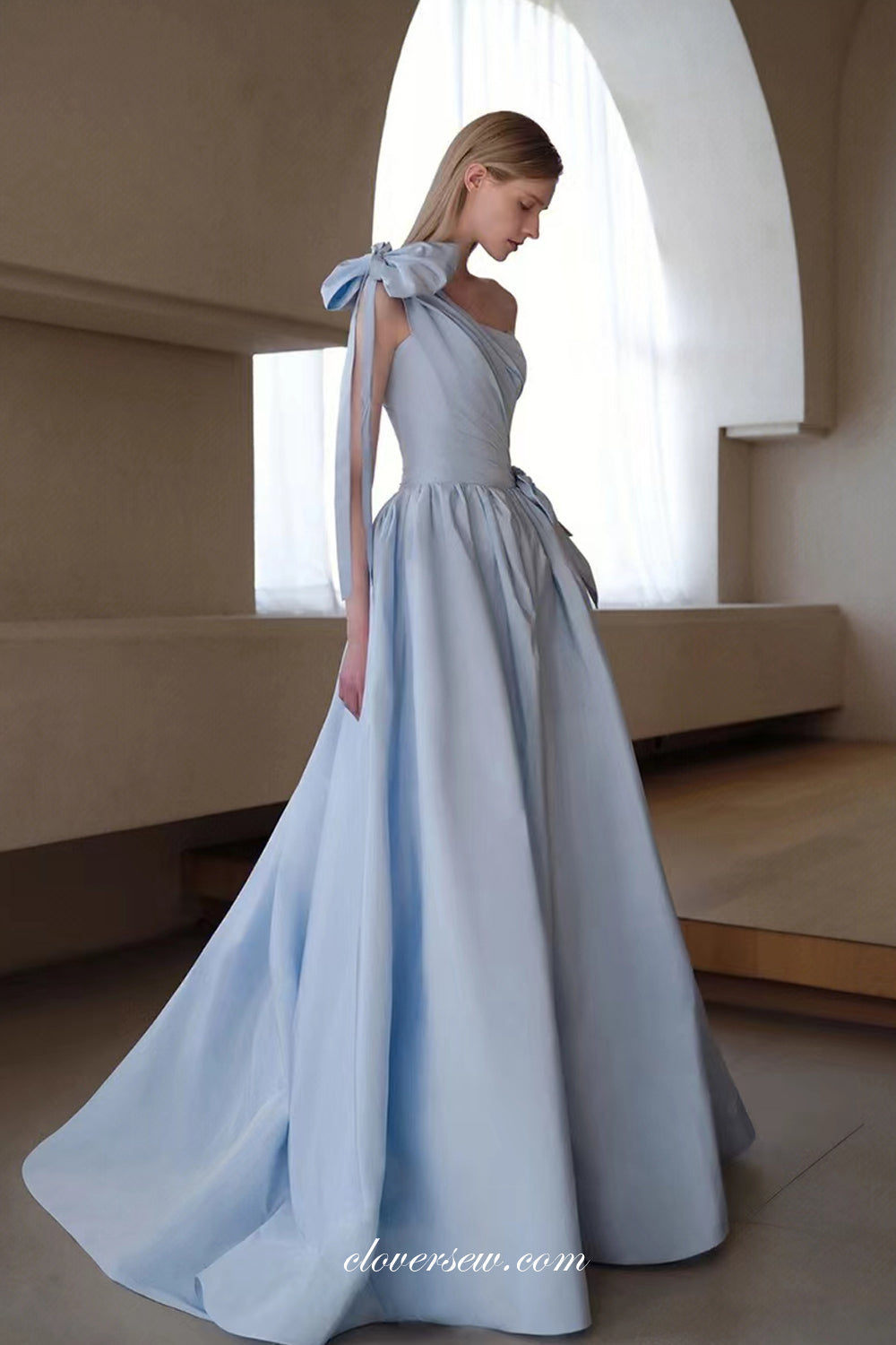 Pale Blue Satin Bowknot One Shoulder Pleating A-line Prom Dresses, CP0850