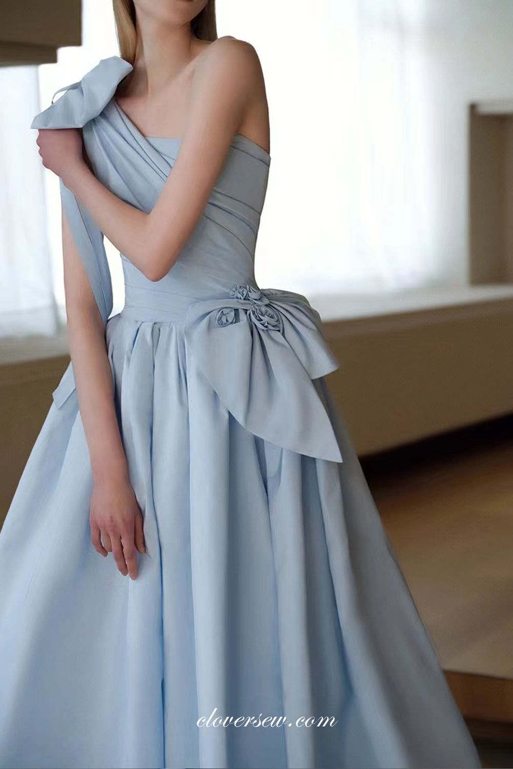 Pale Blue Satin Bowknot One Shoulder Pleating A-line Prom Dresses, CP0850