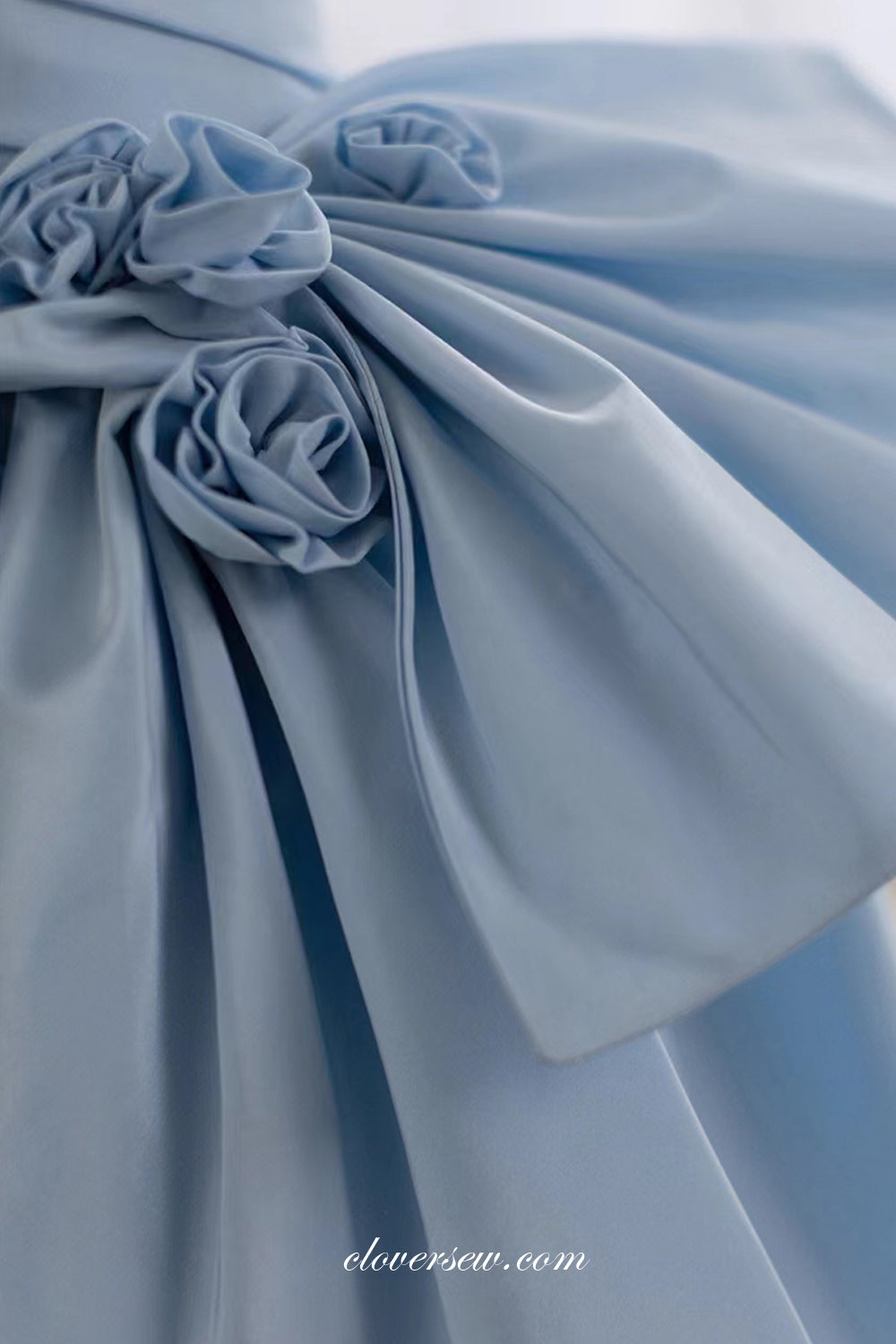 Pale Blue Satin Bowknot One Shoulder Pleating A-line Prom Dresses, CP0850