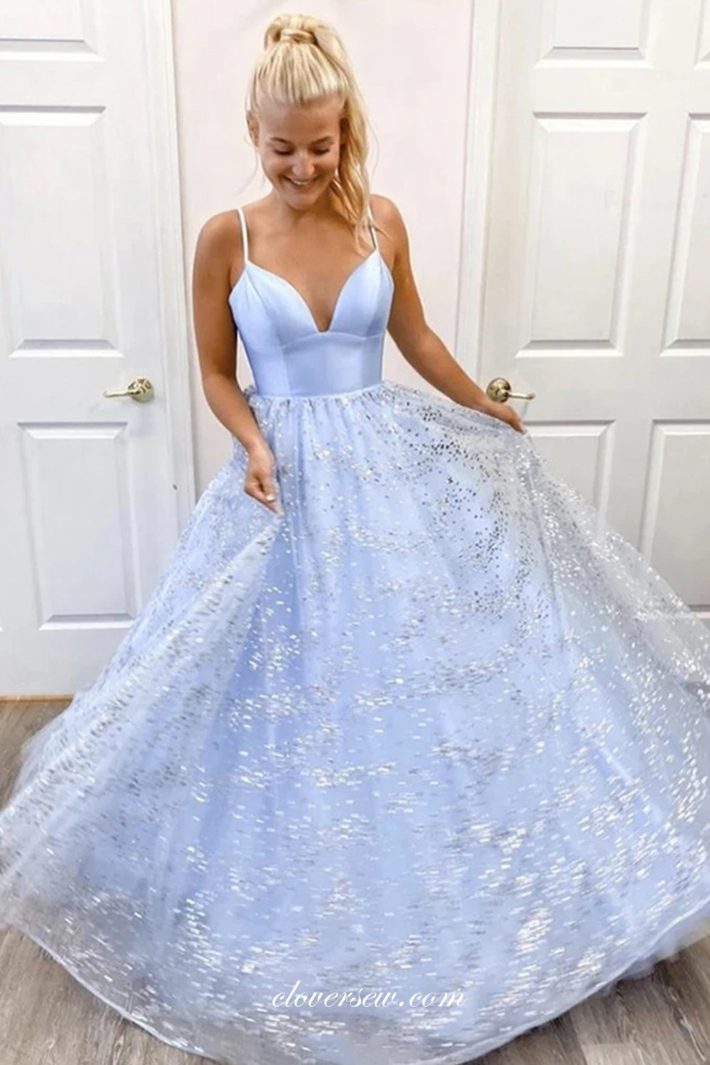 Pale Blue Satin Sequined Tulle Charming From Dresses For Teens, CP0754