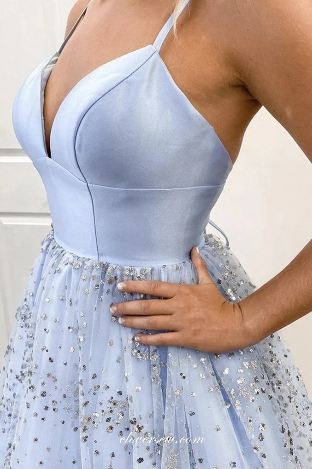 Pale Blue Satin Sequined Tulle Charming From Dresses For Teens, CP0754