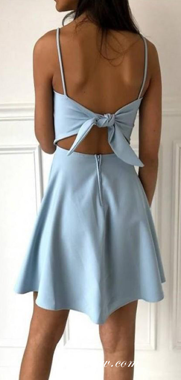 Pale Blue Satin Spaghetti Strap Homecoming Dresses, CH0025