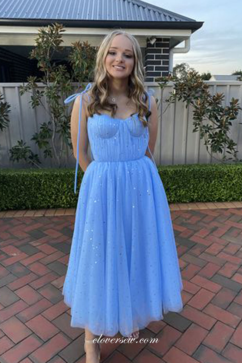 Pale Blue Sequined Tulle Pleating A-line French Prom Dresses, CP0759