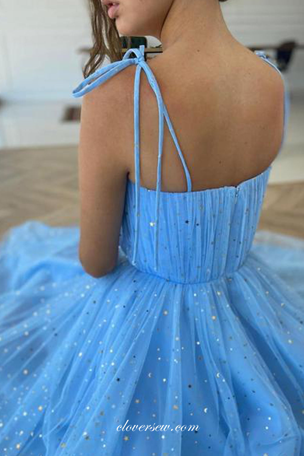 Pale Blue Sequined Tulle Pleating A-line French Prom Dresses, CP0759