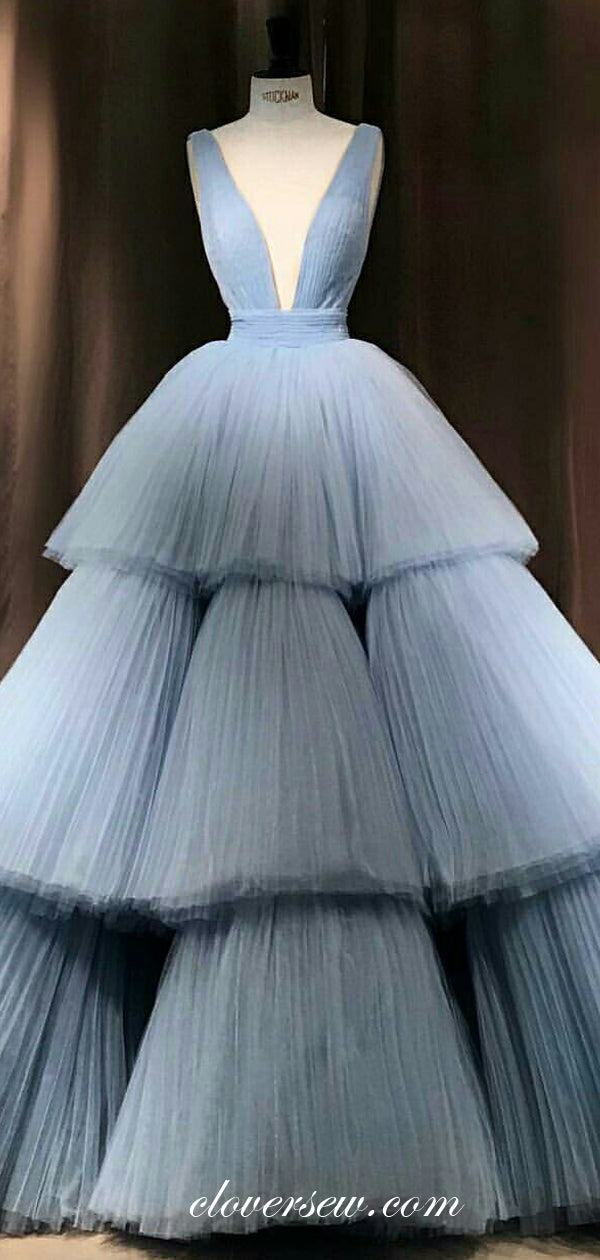 Pale Blue Pleat Tulle V-neck Tiered A-line Ball Gown Prom Dresses,CP0208