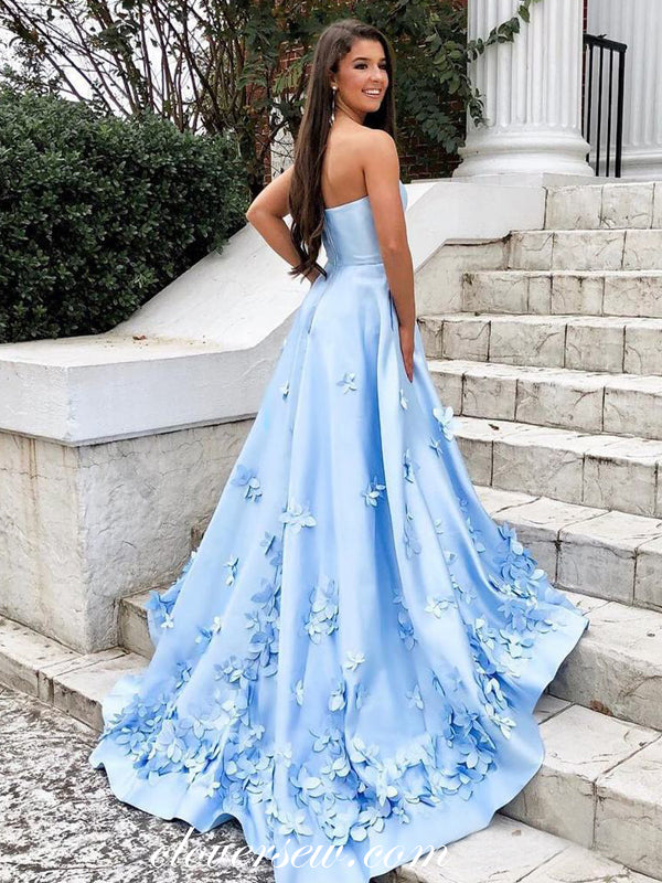 Pale Blue Satin 3D Applique A-line Prom Dresses, CP0070 Pale Blue Satin 3D Applique A-line Prom Dresses, CP0070