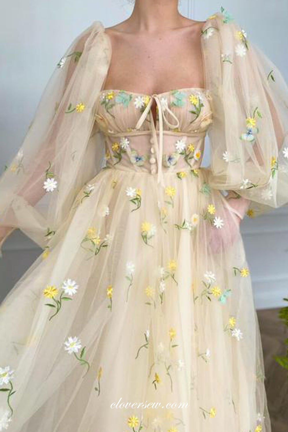 Pastel Yellow Embroidery Tulle Long Lantern Sleeves Prom Dresses, CP0799