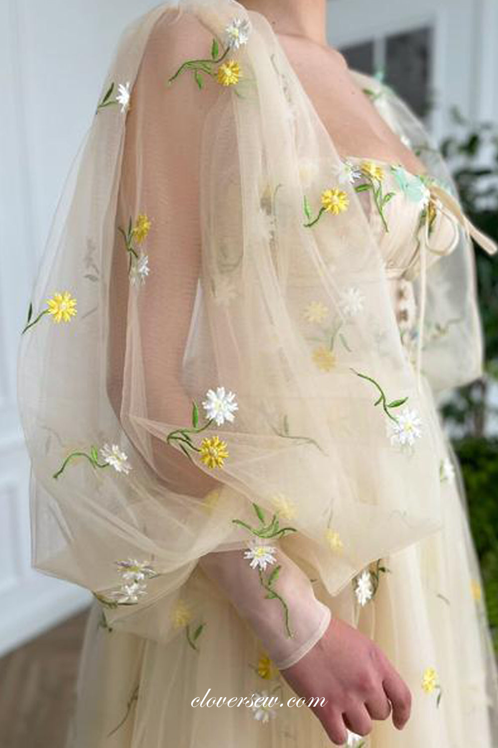 Pastel Yellow Embroidery Tulle Long Lantern Sleeves Prom Dresses, CP0799