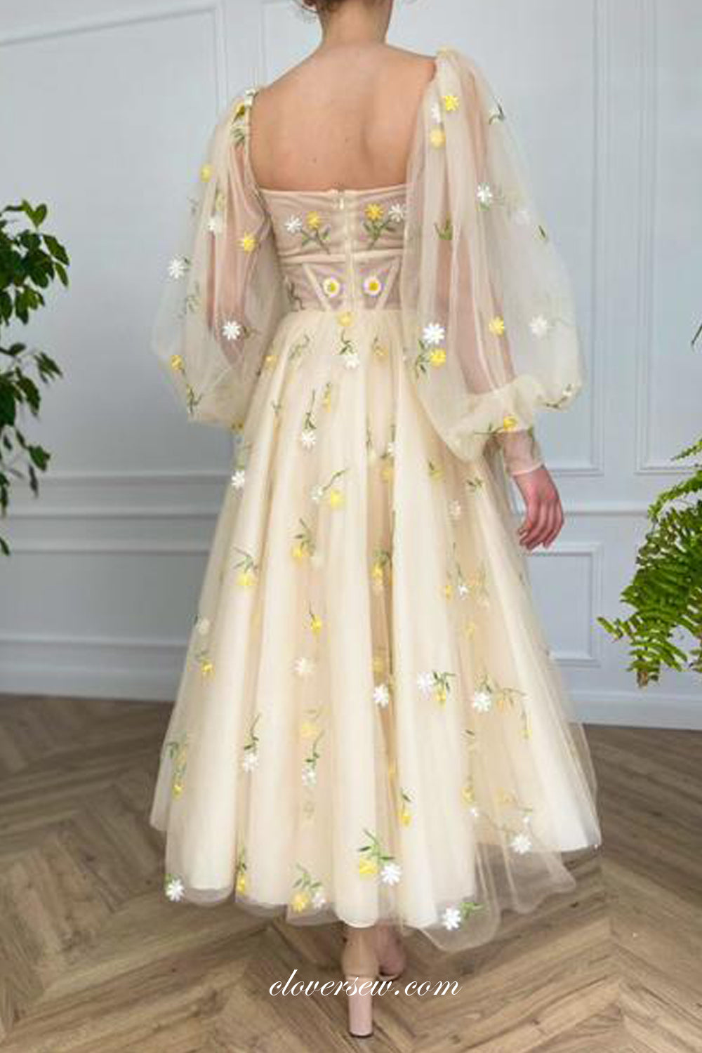 Pastel Yellow Embroidery Tulle Long Lantern Sleeves Prom Dresses, CP0799