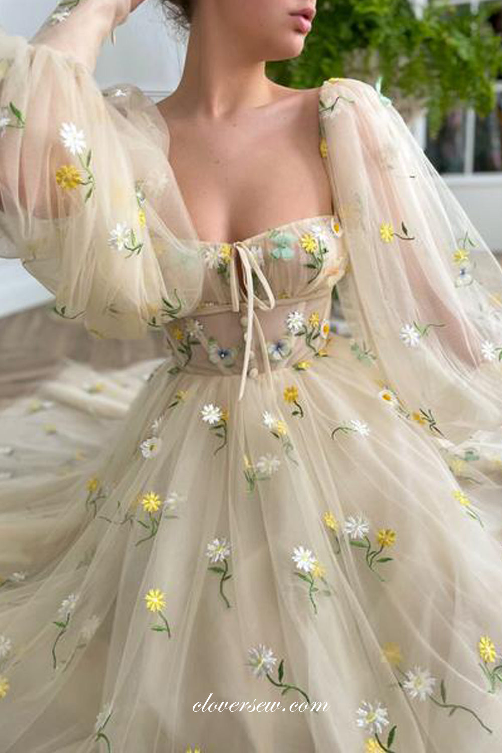 Pastel Yellow Embroidery Tulle Long Lantern Sleeves Prom Dresses, CP0799
