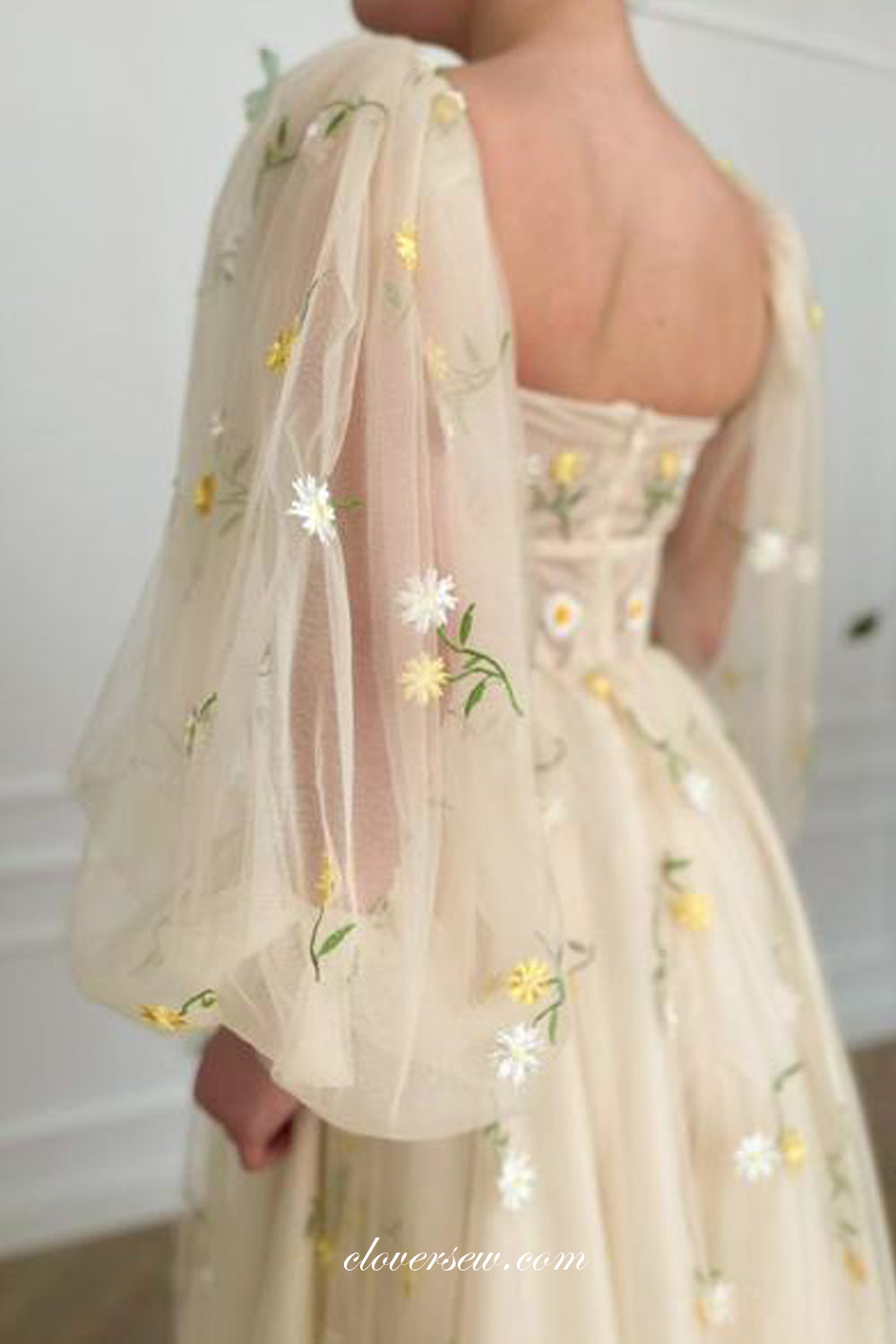 Pastel Yellow Embroidery Tulle Long Lantern Sleeves Prom Dresses, CP0799