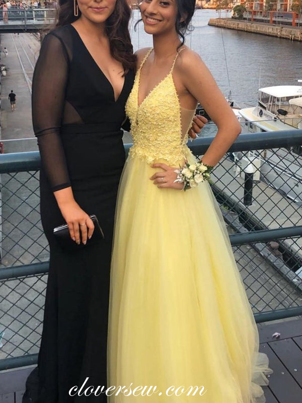 Pastel Yellow Lace Bead Tulle V-neck A-line Prom Dresses For Teens, CP clover sew Pastel Yellow Lace Bead Tulle V-neck A-line Prom Dresses For Teens, CP clover sew