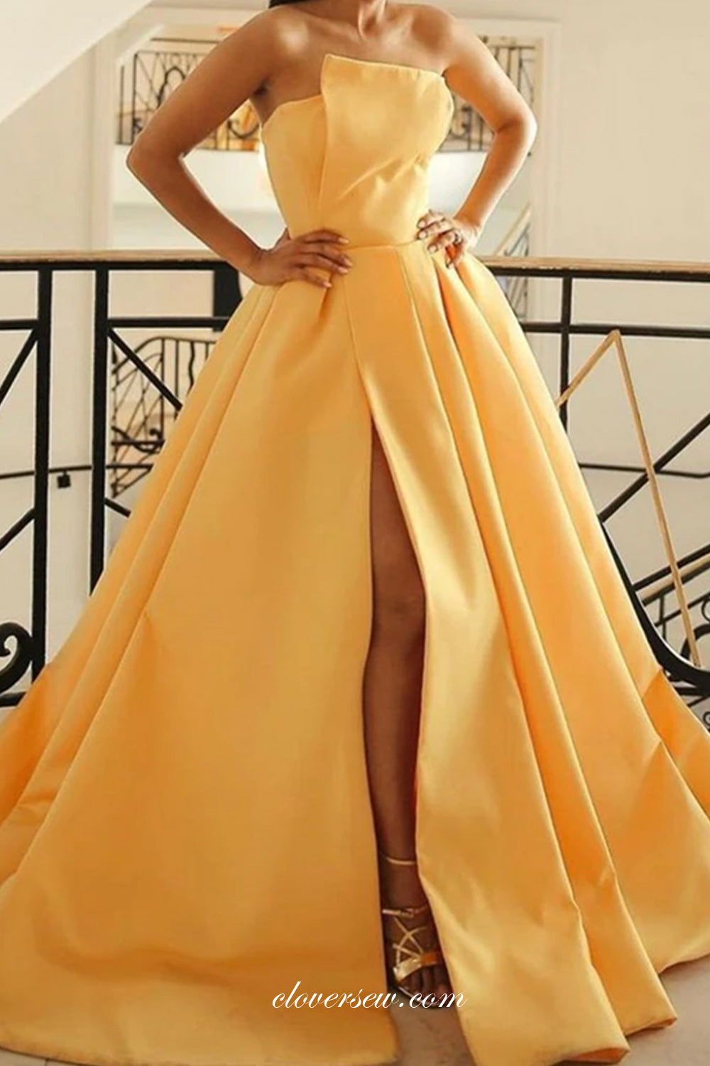 Pastel Yellow Satin Strapless Slit Prom Dresses, CP0756