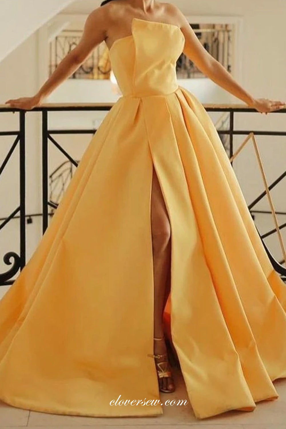 Pastel Yellow Satin Strapless Slit Prom Dresses, CP0756