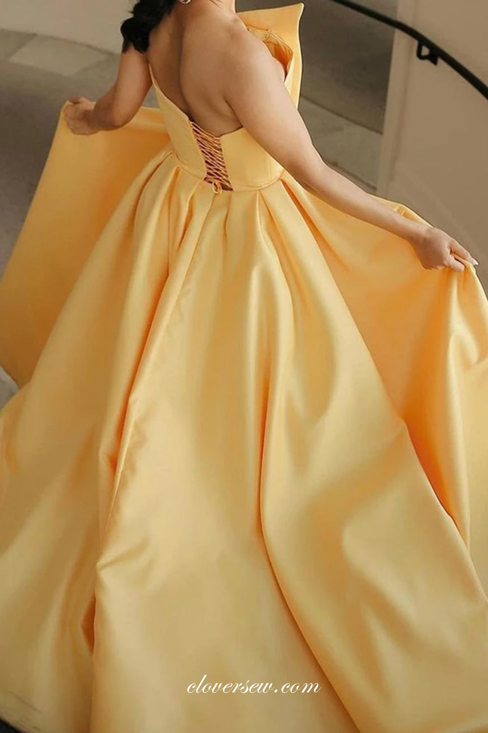 Pastel Yellow Satin Strapless Slit Prom Dresses, CP0756
