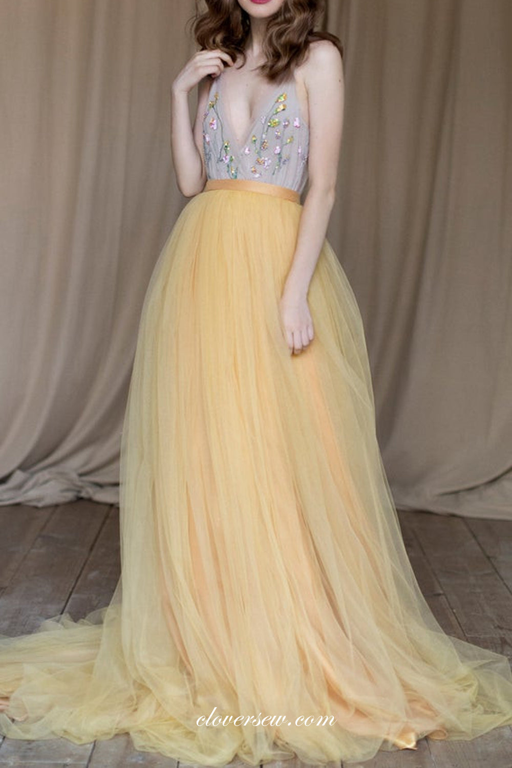 Pastel Yellow Tulle Beaded V-neck Charming Wedding Dresses, CW0248