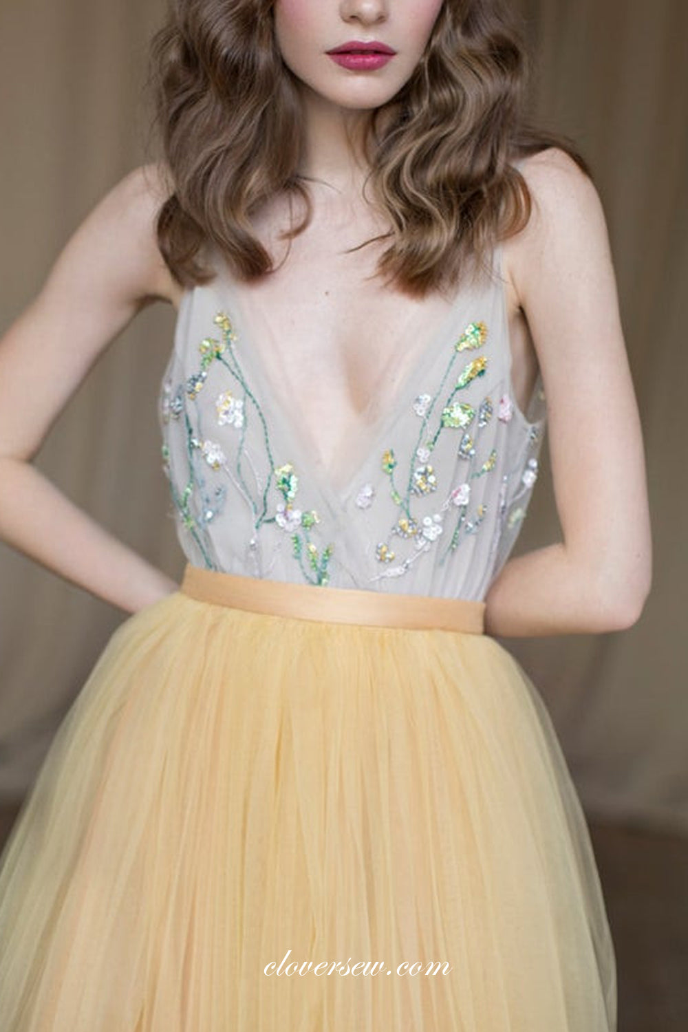 Pastel Yellow Tulle Beaded V-neck Charming Wedding Dresses, CW0248