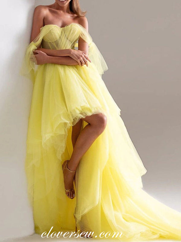 Pastel Yellow Tulle Sweetheart Convertible Straps High Low Prom Dressea, CP0990