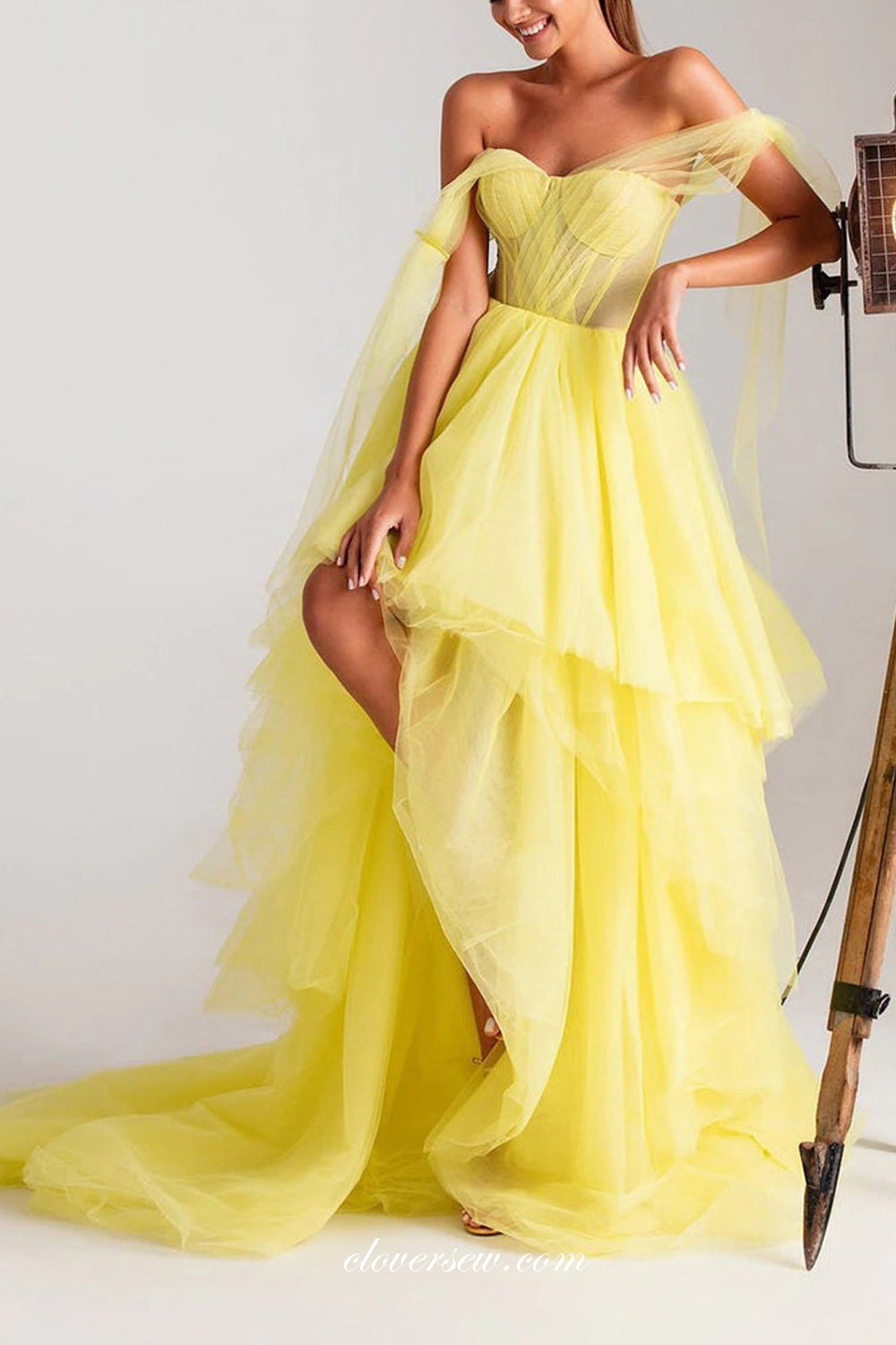 Pastel Yellow Tulle Sweetheart Convertible Straps High Low Prom Dressea, CP0990