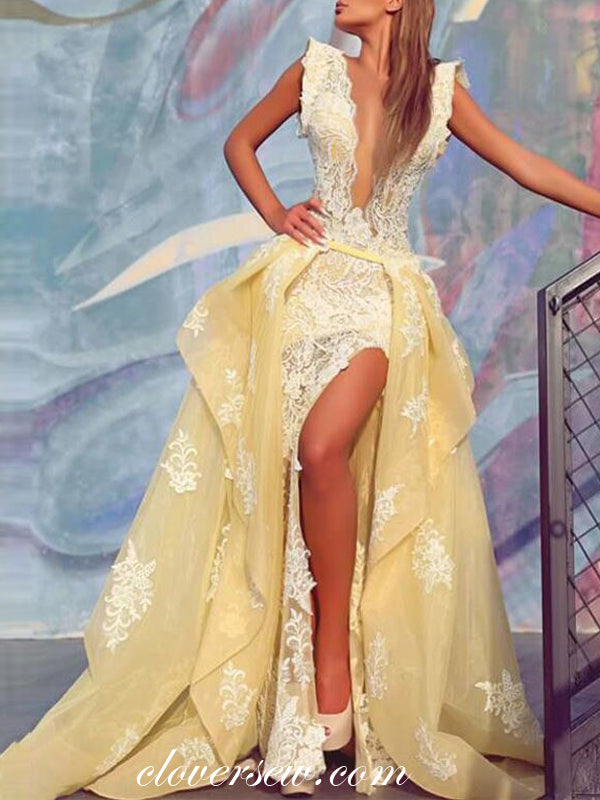 Pastel Yellow Organza Ivory Lace Applique Detachable Skirt Prom Dresse clover sew Pastel Yellow Organza Ivory Lace Applique Detachable Skirt Prom Dresse clover sew