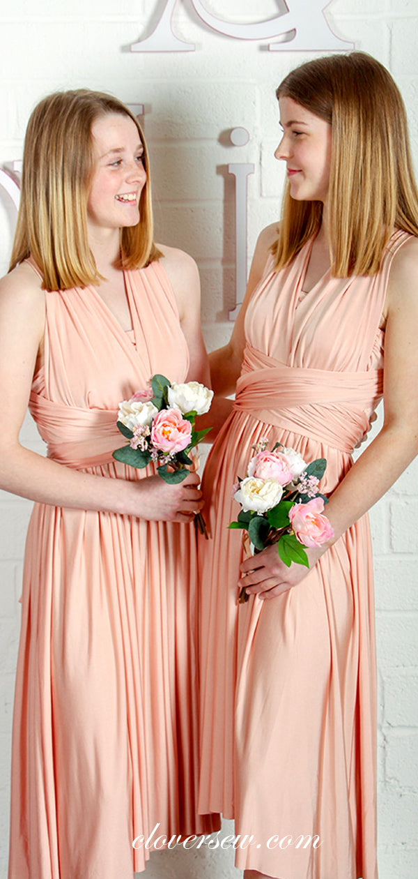 Peach Pink Jersey Convertible Knee Length Bridesmaid Dresses,CB0167