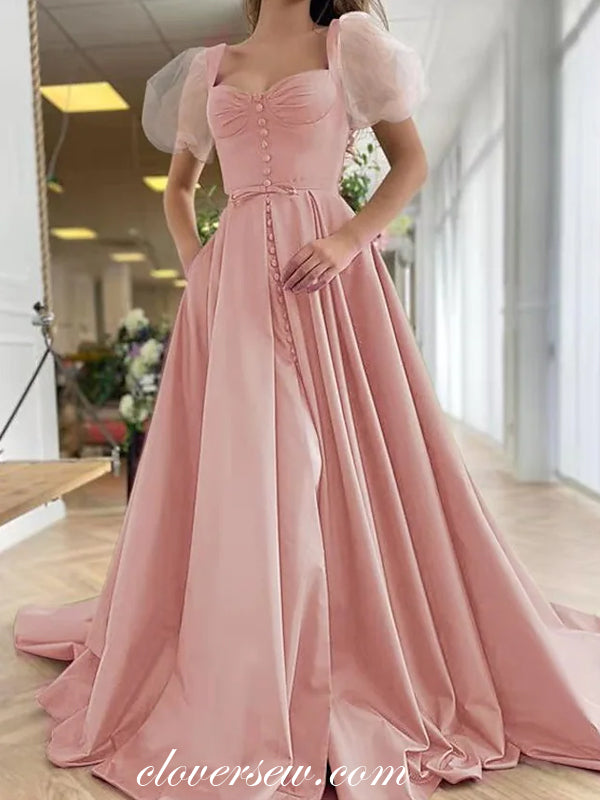 Peach Pink Satin Short Sleeves Elegant Prom Dresses, CP0735 clover sew Peach Pink Satin Short Sleeves Elegant Prom Dresses, CP0735 clover sew