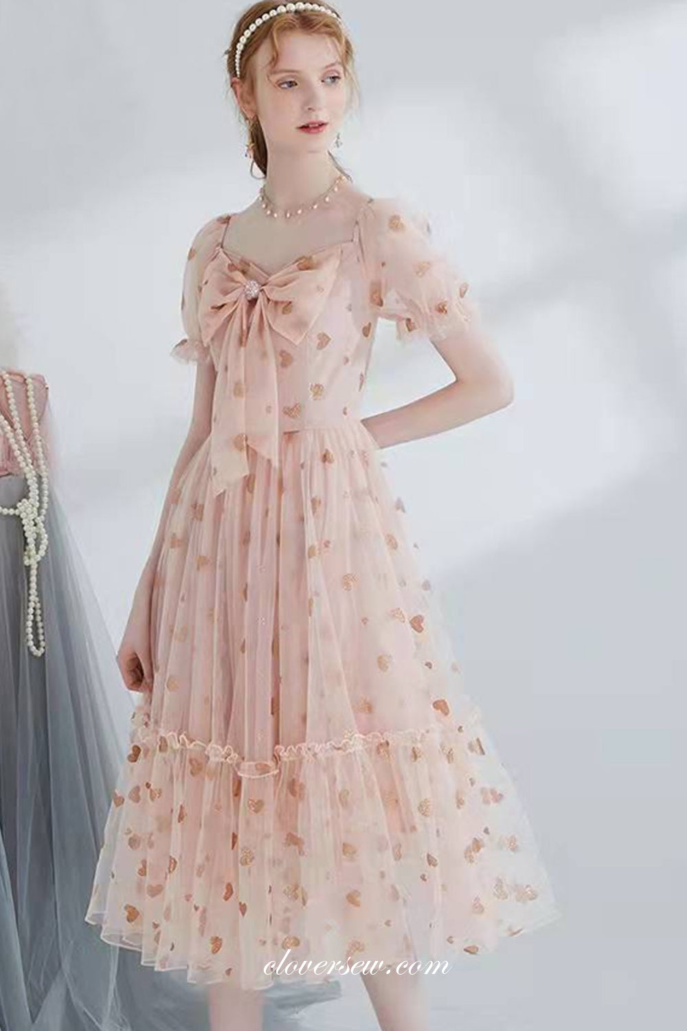 Pink Champagne Heart Sequined Tulle Sweet Tea-length Party Dresses, CP0773