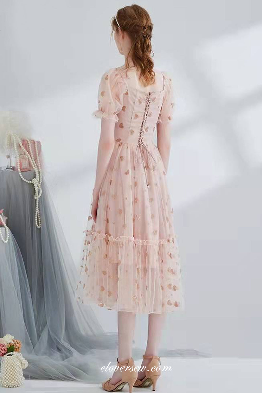 Pink Champagne Heart Sequined Tulle Sweet Tea-length Party Dresses, CP0773