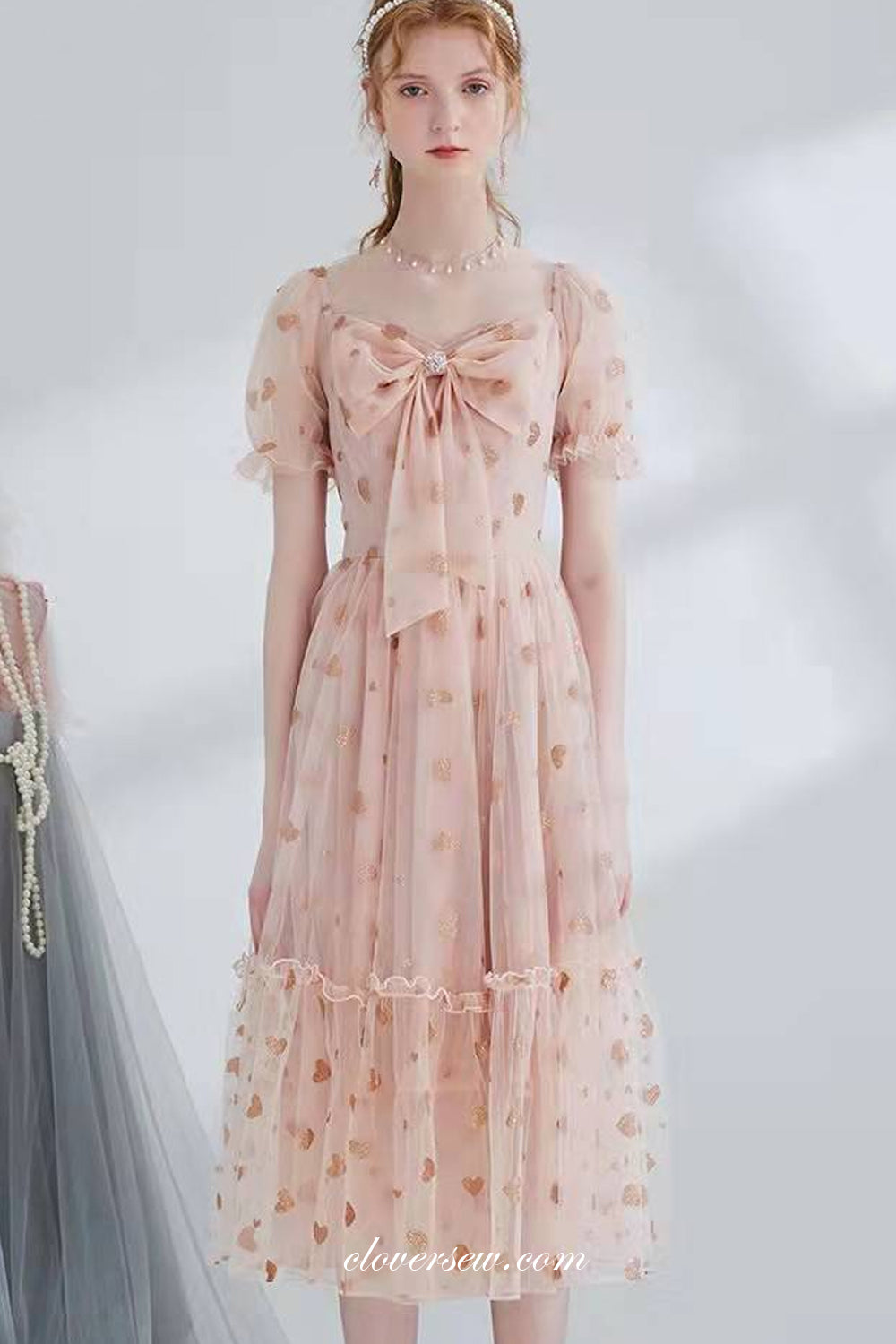 Pink Champagne Heart Sequined Tulle Sweet Tea-length Party Dresses, CP0773