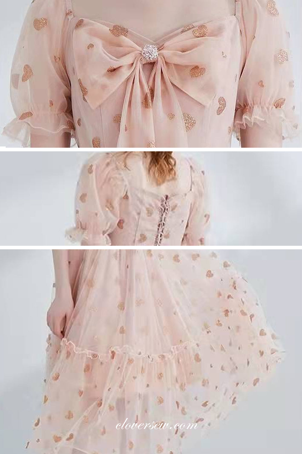 Pink Champagne Heart Sequined Tulle Sweet Tea-length Party Dresses, CP0773