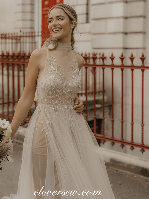 Pink Champagne Tulle Beaded Lace Illusion Tulle High Neck Wedding Dresses, CW0293 US6 / Custom Color(leaving a note) Pink Champagne Tulle Beaded Lace Illusion Tulle High Neck Wedding Dresses, CW0293 US6 / Custom Color(leaving a note)